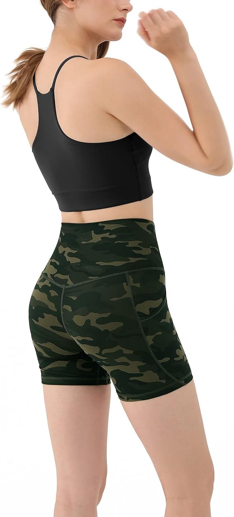 Women'S 5" High Waisted Pattern Biker Shorts with Pocket, Tummy Control Non See through Workout Exercise Printed Running Yoga Shorts, plus Size, Green Camo, Xxx-Large