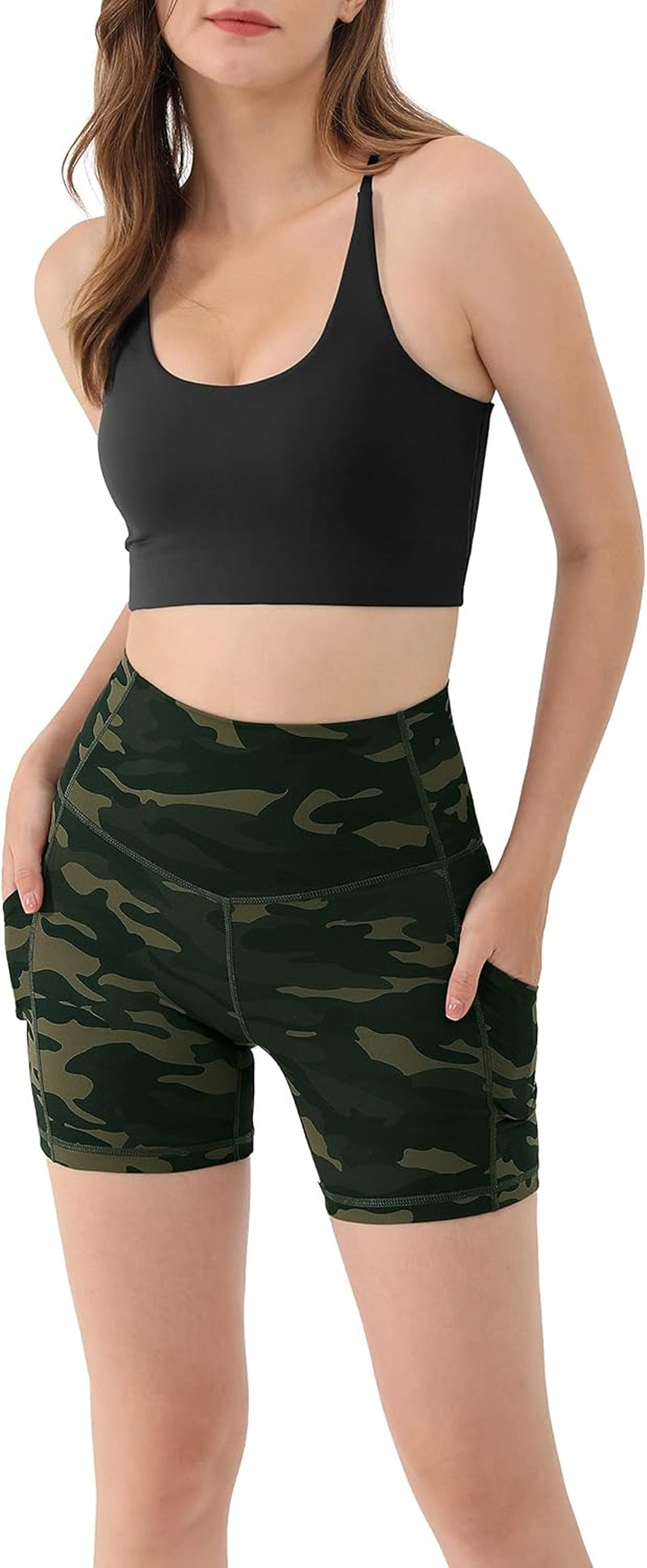 Women'S 5" High Waisted Pattern Biker Shorts with Pocket, Tummy Control Non See through Workout Exercise Printed Running Yoga Shorts, plus Size, Green Camo, Xxx-Large