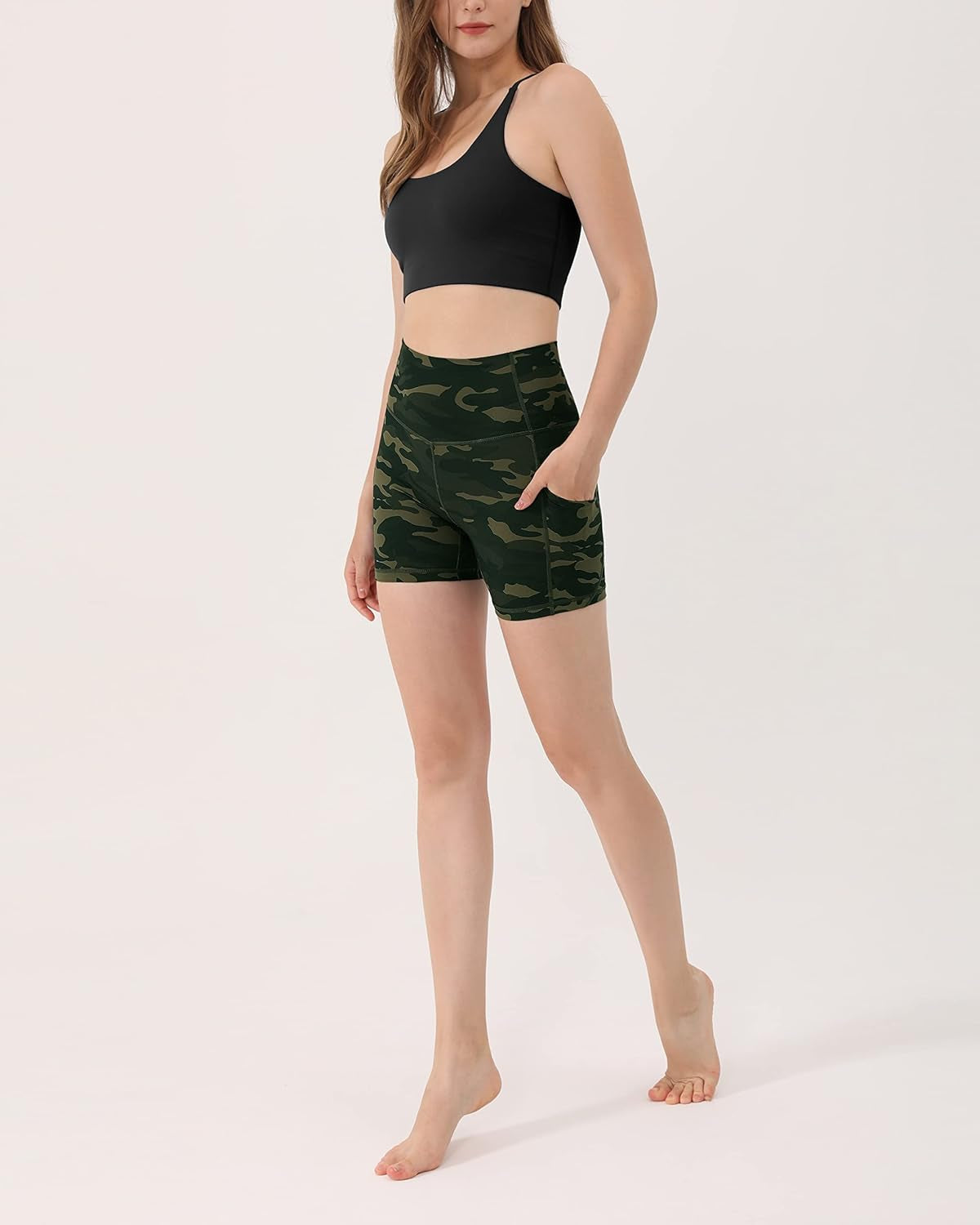 Women'S 5" High Waisted Pattern Biker Shorts with Pocket, Tummy Control Non See through Workout Exercise Printed Running Yoga Shorts, plus Size, Green Camo, Xxx-Large