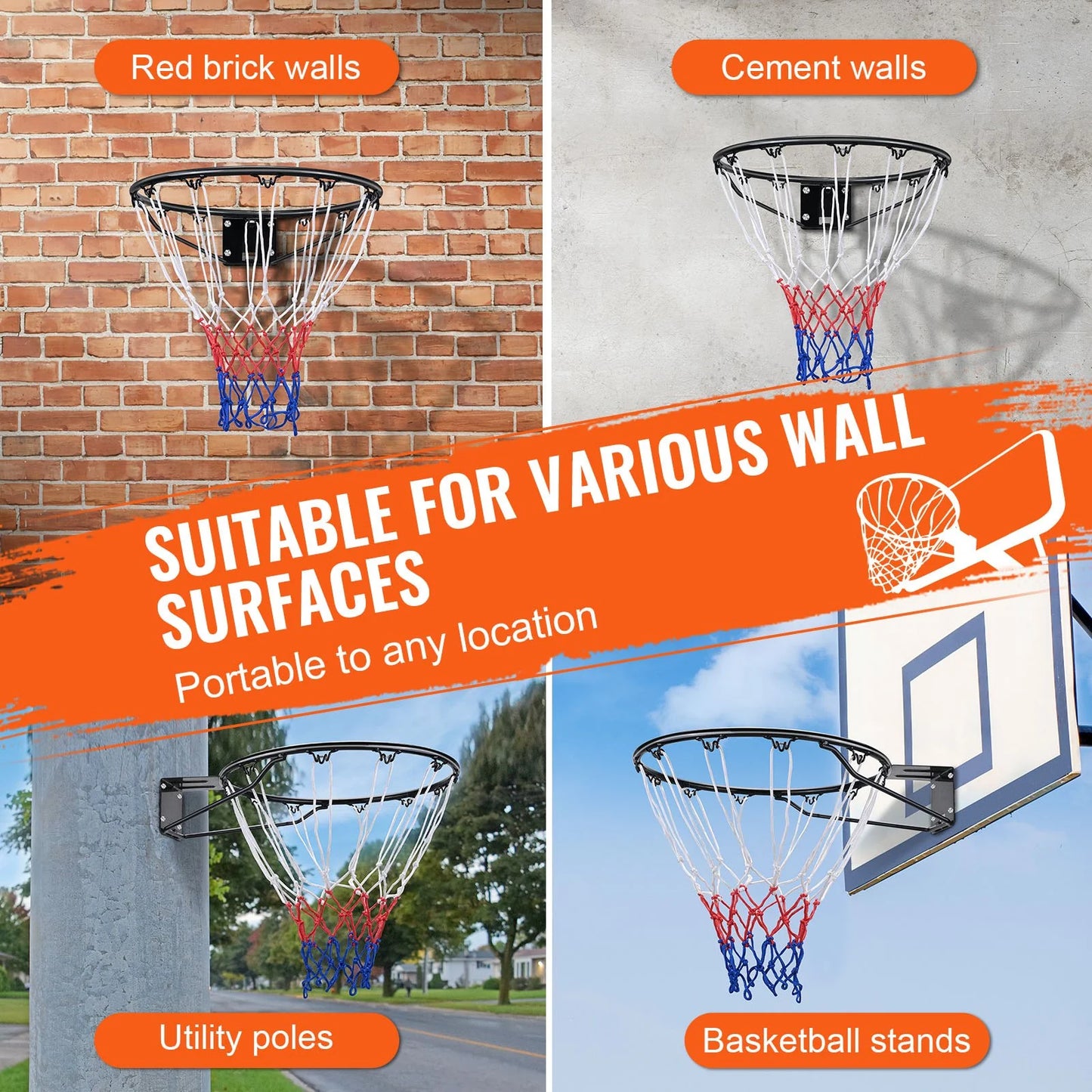 VEVOR Basketball Rim, Wall Door Mounted Basketball Hoop, Heavy Duty Q235 Basketball Flex Rim Goal Replacement with Net and Double Spring, Standard 18 Indoor Outdoor Hanging Hoop for Kids Adults